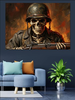 Tablomega Miğferli ve Silahlı Kuru Kafa Dekoratif Kanvas - Mdf Ahşap Tablo