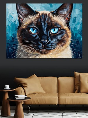 Tablomega Mavi Gözlü ve Dikkatli Siyam Kedisi Dekoratif Kanvas - Mdf Ahşap Tablo