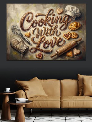 Tablomega Yemek Aşkla Pişirilir Yazılı Pano Dekoratif Kanvas - Mdf Ahşap Tablo