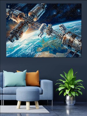 Tablomega Uzay Boşluğunda Tamir Yapan Astronotlar Dekoratif Kanvas - Mdf Ahşap Tablo