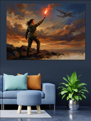 Tablomega Uçaklar Önünde Işaret Veren Kadın Dekoratif Kanvas - Mdf Ahşap Tablo