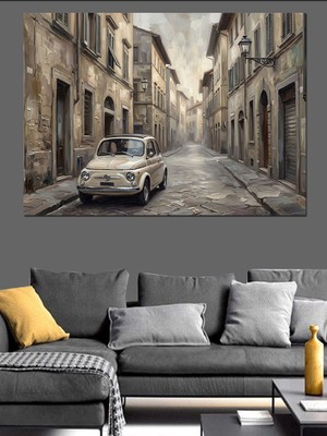 Artmeg Eski Avrupa Sokağı ve Küçük Araba Dekoratif Kanvas - Mdf Ahşap Tablo