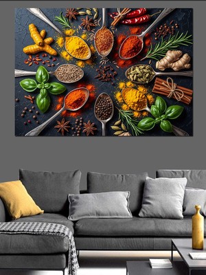 Tablomega Kaşıklarda Renkli Taze Baharatlar Aranjmanı Dekoratif Kanvas - Mdf Ahşap Tablo
