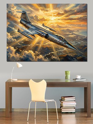 Artmeg Bulutların Üstünde Modern Savaş Uçağı Dekoratif Kanvas - Mdf Ahşap Tablo
