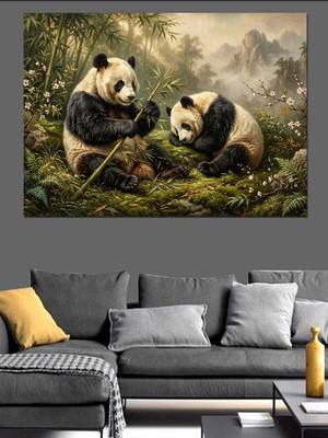 Artmeg Bambu Arasında Dinlenen Panda Ailesi Dekoratif Kanvas - Mdf Ahşap Tablo