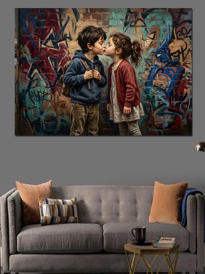 Tablomega Sokakta Öpüşen Küçük Çocuk Figürü Dekoratif Kanvas - Mdf Ahşap Tablo