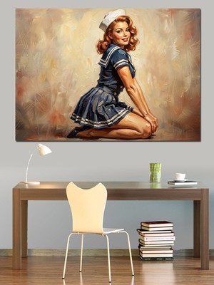 Artmeg Yerde Oturan Nostaljik Denizci Kadın Dekoratif Kanvas - Mdf Ahşap Tablo