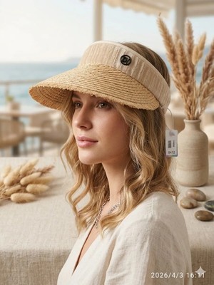 Reva Kadın Bej Hasır Vizör Şapka – Fiyonk Detaylı Geniş Siperlikli Yazlık Şapka