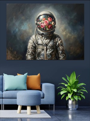 Tablomega Çiçeklerle Dolu Astronot Başlığı Portresi Dekoratif Kanvas - Mdf Ahşap Tablo