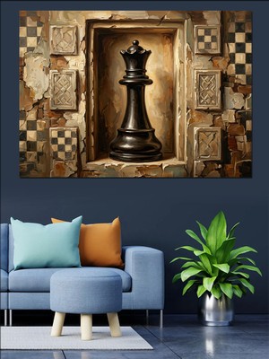 Artmeg Duvar Önünde Siyah Satranç Şahı Dekoratif Kanvas - Mdf Ahşap Tablo