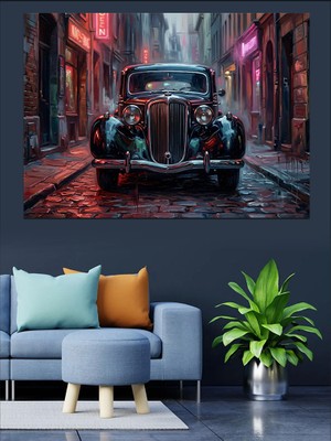 Artmeg Karanlık Sokakta Klasik Siyah Araba Dekoratif Kanvas - Mdf Ahşap Tablo