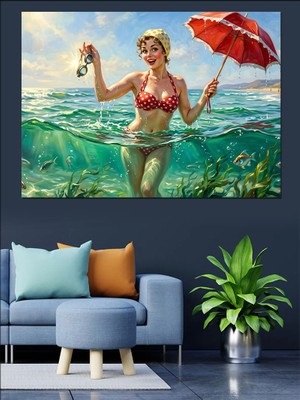 Tablomega Sahilde Kırmızı Şemsiyeli Pin-Up Kadın Dekoratif Kanvas - Mdf Ahşap Tablo