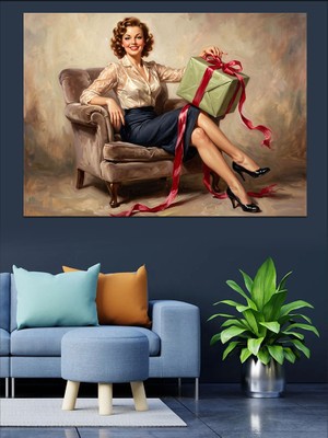 Tablomega Hediye Paketi Tutan Pin-Up Kadın Dekoratif Kanvas - Mdf Ahşap Tablo