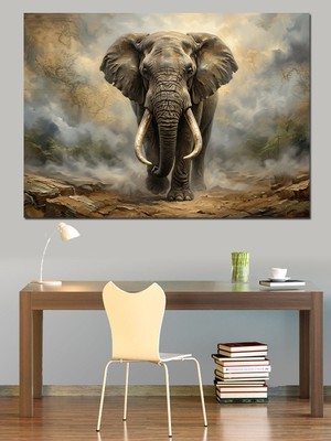 Tablomega Toz Bulutunda Görkemli Fil Tablosu Dekoratif Kanvas - Mdf Ahşap Tablo