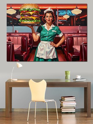 Tablomega Hamburger Servis Eden Pin-Up Garson Dekoratif Kanvas - Mdf Ahşap Tablo