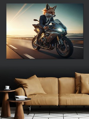 Artmeg Motosiklet Süren Karizmatik Tilki Figürü Dekoratif Kanvas - Mdf Ahşap Tablo