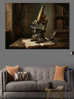 Artmeg Antik Mikroskop ve Eski Kitaplar Dekoratif Kanvas - Mdf Ahşap Tablo