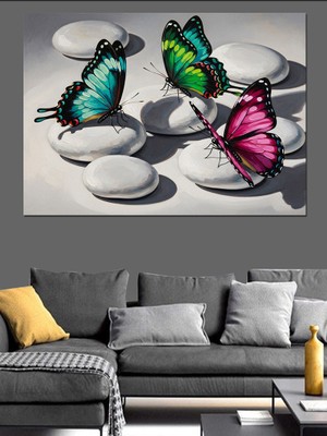 Tablomega Taşlar Üzerinde Renkli Kelebekler Dizisi Dekoratif Kanvas - Mdf Ahşap Tablo
