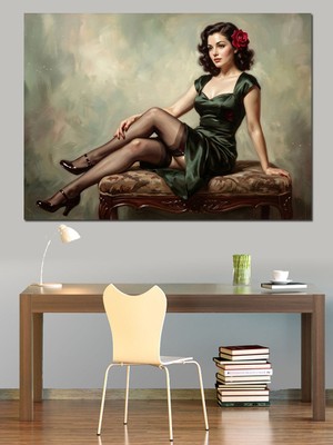 Artmeg Koltukta Oturan Zarif Pin-Up Kadın Dekoratif Kanvas - Mdf Ahşap Tablo