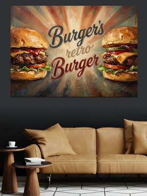 Tablomega Retro Burger Restoran Tabelası Tasarımı Dekoratif Kanvas - Mdf Ahşap Tablo