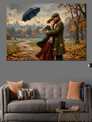 Artmeg Yağmurda Şemsiye Altında Aşık Çift Dekoratif Kanvas - Mdf Ahşap Tablo