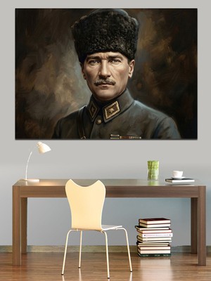 Artmeg Atatürk Kalpaklı Klasik Askeri Portre Dekoratif Kanvas - Mdf Ahşap Tablo