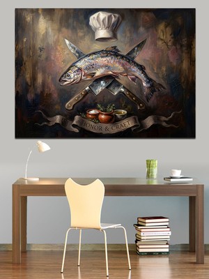 Artmeg Balıklı ve Aşçı Şapkalı Natürmort Dekoratif Kanvas - Mdf Ahşap Tablo