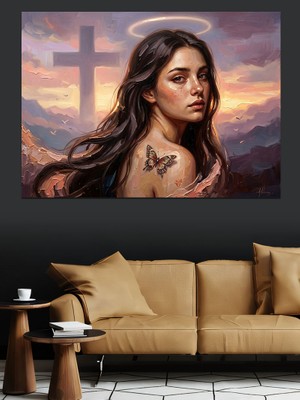Tablomega Haç Önünde Duran Kanatlı Kadın Dekoratif Kanvas - Mdf Ahşap Tablo