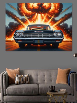 Artmeg Patlama Önünde Siyah Klasik Araba Dekoratif Kanvas - Mdf Ahşap Tablo