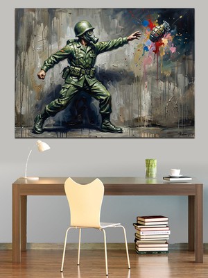 Tablomega Renkli Boya Bombası Atan Asker Dekoratif Kanvas - Mdf Ahşap Tablo