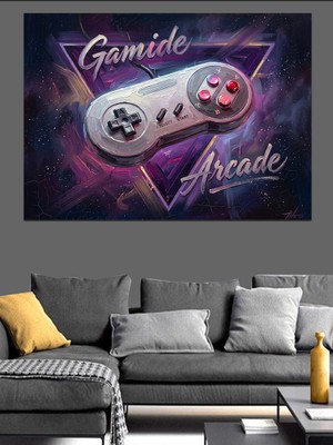 Artmeg Neon Işıklı Retro Arcade Kumandası Dekoratif Kanvas - Mdf Ahşap Tablo