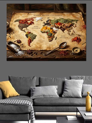 Artmeg Eskitme Zemin Üzerinde Dünya Haritası Dekoratif Kanvas - Mdf Ahşap Tablo