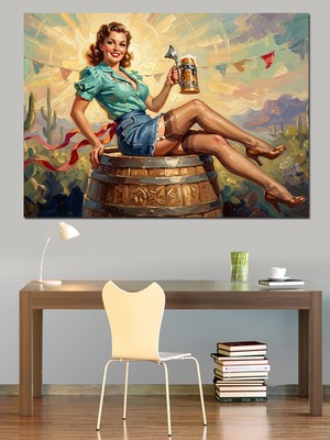 Artmeg Bira Içen Retro Pin Up Kadın Dekoratif Kanvas - Mdf Ahşap Tablo