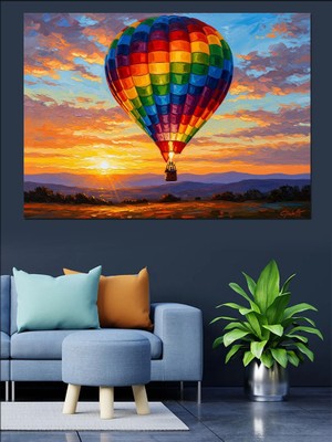 Artmeg Gün Batımında Renkli Sıcak Hava Balonu Dekoratif Kanvas - Mdf Ahşap Tablo