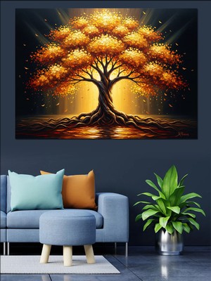 Artmeg Altın Yapraklı Işıldayan Hayat Ağacı Dekoratif Kanvas - Mdf Ahşap Tablo
