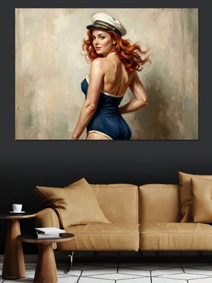 Artmeg Denizci Şapkalı Pin-Up Kadın Portresi Dekoratif Kanvas - Mdf Ahşap Tablo