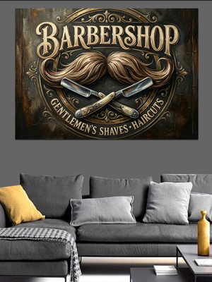 Artmeg Vintage Barbershop Geleneksel Amblemi Dekoratif Kanvas - Mdf Ahşap Tablo
