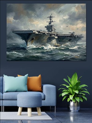 Artmeg Mavi Sularda Dev Uçak Gemisi Dekoratif Kanvas - Mdf Ahşap Tablo