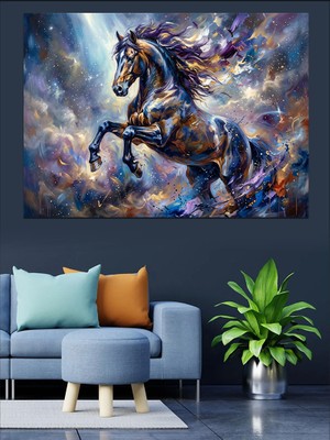 Artmeg Kozmik Renklerle Şaha Kalkmış At Dekoratif Kanvas - Mdf Ahşap Tablo