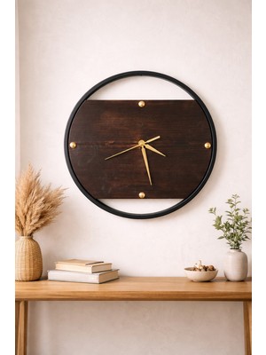 Maison Linden Modern Metal Çerçeveli Ahşap Duvar Saati 60 cm Büyük Boy Dekoratif Salon Saati