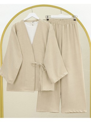 Modamorfo Önden Bağlamalı Pantolonlu Kimono Takım -Bej