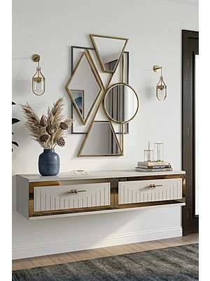 Yumedi Design DA1206BG - Kerem Dresuar , Antre Hol Rafı, Duvara Montaj Tv Sehpası 120CM Beyaz- Gold