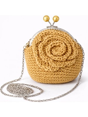 İM&YA El Yapımı Bej Gül Desenli Mini Çanta Kadın Örgü Çanta Zincir Askılı Abiye Cüzdan Metal Klipsli Çanta