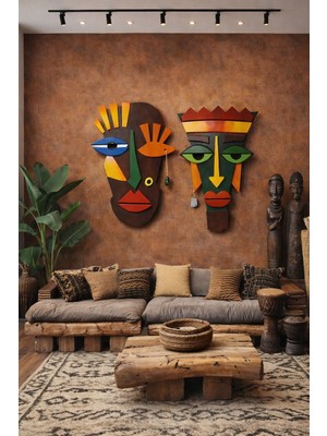 Modern Renkli Ikili Soyut Maske Duvar Dekoru 50X50 cm | Ev, Ofis ve Kafe Dekorasyonu
