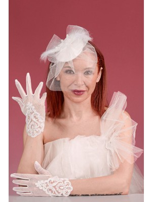 Sed da Exclusive Kırıkbeyaz  Dantelli  Nikah Kepi ve Üçgen Dantel Gelin Eldiveni  Kombin  Set