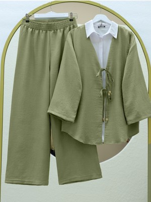 Modamorfo Önü Çift Bağlamalı Pantolonlu Kimono Takım -Haki