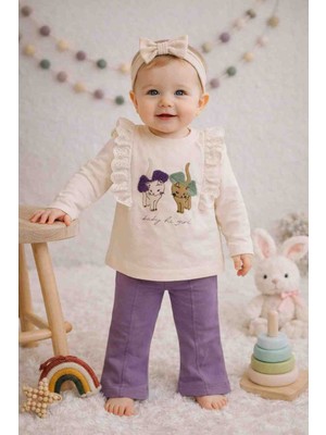 Babyhi Fiyonklu Kedi Baskılı Mevsimlik Iki Iplik Kız Bebek Alt-Üst 2'li Takım