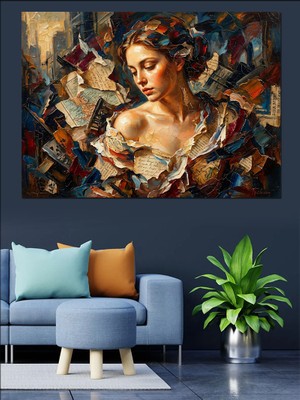 Tablomega Renk Sıçramalı Sanatsal Kadın Portresi Dekoratif Kanvas - Mdf Ahşap Tablo