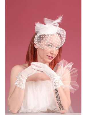 Sed da Exclusive Kırık Beyaz Puanlı Gelin Kepi Nikah Şapkası ve Dantel Bilek Gelin Eldiveni Kombin Set
