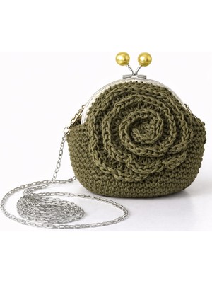 İM&YA El Yapımı Asker Yeşili Gül Desenli Mini Çanta Kadın Örgü Çanta Zincir Askılı Abiye Cüzdan Metal Klipsli Çanta